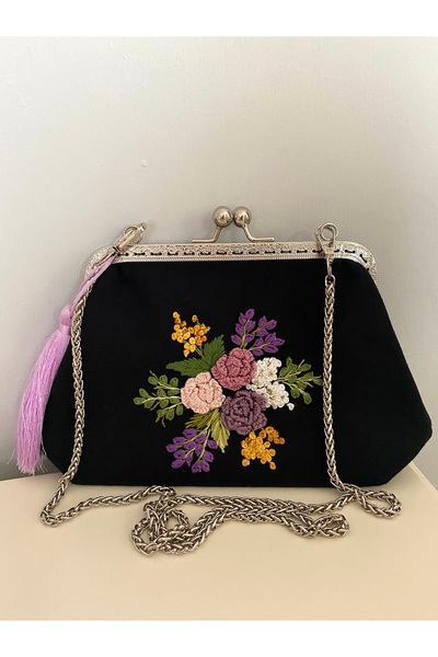 Arzu Demir 23X15 cm Black Linen 3D Hand Embroidered Vintage Style Bag. Embroidery 100% Handmade