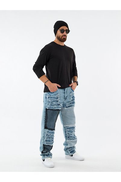 COCOPELLI Pantaloni bărbați din denim largi cu detalii din plasă ruptă COC3602
