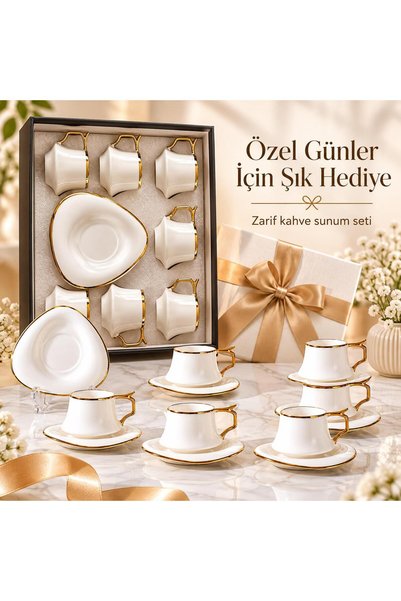 valkyrie Asalet Serisi 6 Kişilik 12 Parça Kahve Fincanı Takımı Gold Detaylı Porselen Fincan Seti
