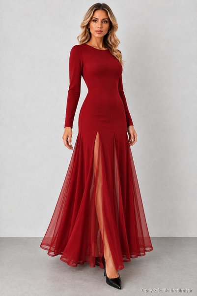 moda wanilia Γυναικείο μακρυμάνικο φόρεμα με λαιμόκοψη ποδηλάτου, τούλι και λ...