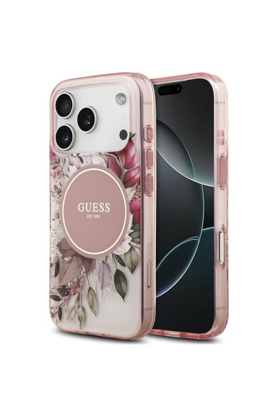 Guess Θήκη για iPhone 17/18 Pro IML Λουλούδι & Τονισμένος Κύκλος MagSafe, Ροζ