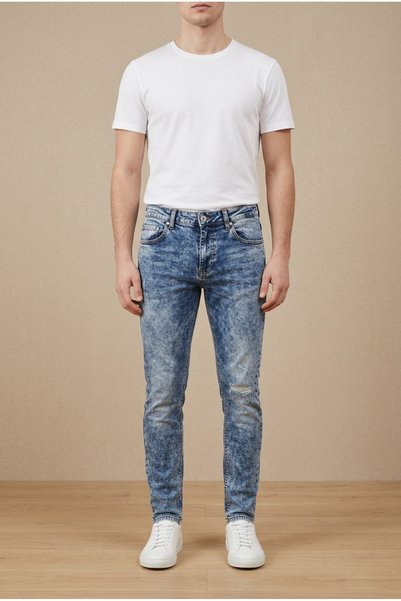 OEM Blugi barbati casual regular fit prespalati cu efect marmorat si ruptura ...