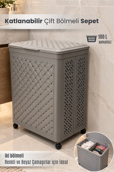 Orvila 100 Lt. Tekerlekli Çamaşır Sepeti İki Bölmeli Katlanabilir Kirli Çamaş...