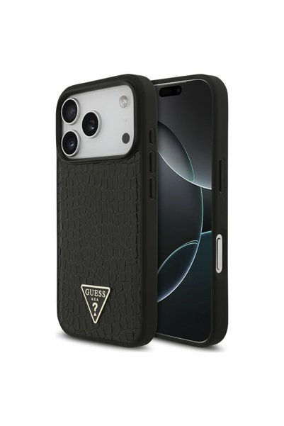 Guess iPhone 17/18 Pro Θήκη Croco με Τριγωνικό Λογότυπο MagSafe, Μαύρη