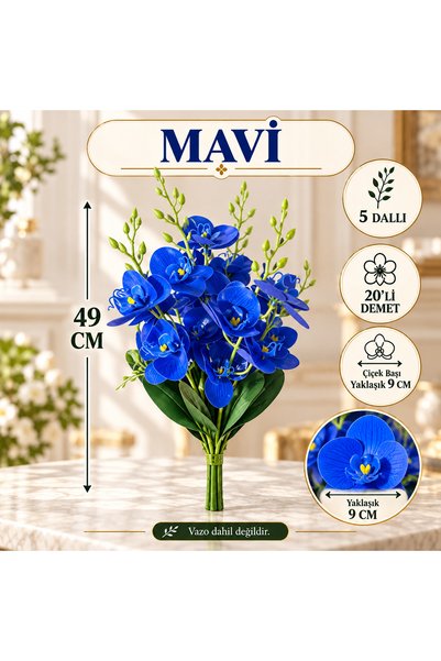 TEMA AJANS SÜS 49 cm Islak Orkide Demeti 20'li 5 Dallı 9 cm Mavi