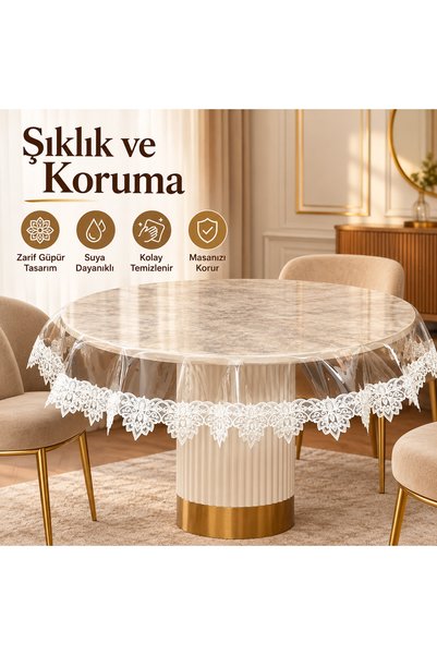 ALTIN ÇEYİZ Tekstil Lotus Yaprak Güpür Yuvarlak Şeffaf PVC Masa Örtüsü Fransı...