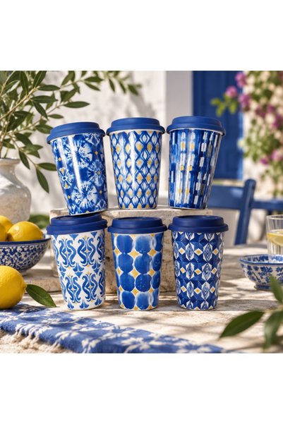 Re Cana ceramică portabilă cu capac, volum 350ml, design artistic cu modele a...
