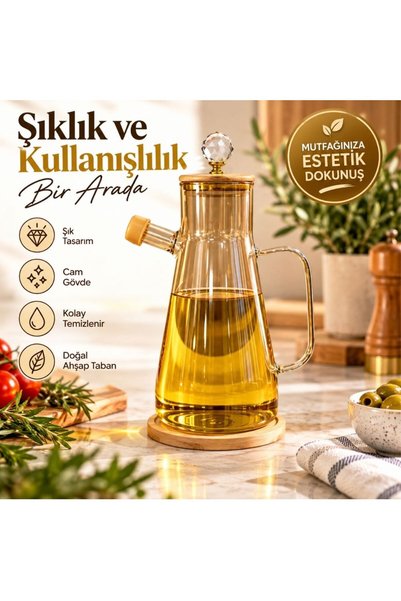 DAMMERUN Bambu Altlıklı ve Kristal Kulp Detaylı Amber Cam Yağlık & Sirkelik -...