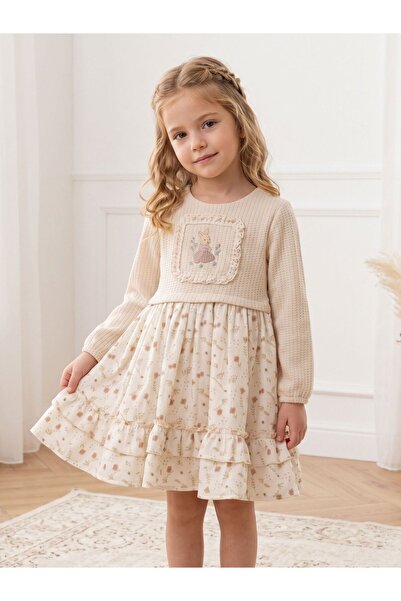 Cherrys Bebek Cotton Girls' Special Design Rabbit Embroidered Layered Ruffle Dress