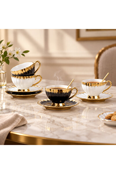 idei Ceramic coffee mug with saucer, volume 220ml, ribbed design and gilded o...