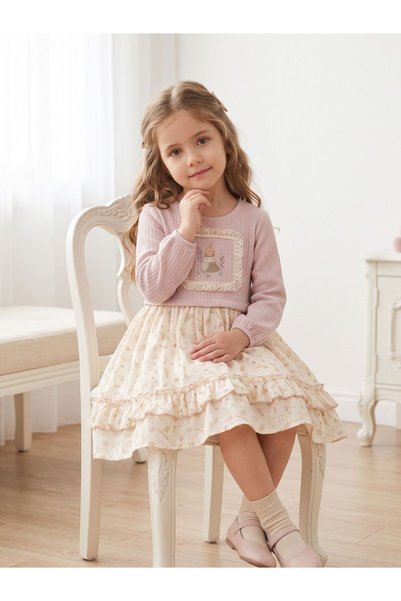 Cherrys Bebek Cotton Girls' Special Design Rabbit Embroidered Layered Ruffle Dress