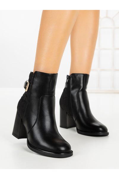CM Botine dama cu toc gros negre din piele ecologica si material textil Anowen