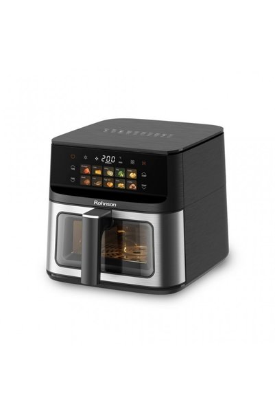 ROHNSON Friteuza cu aer cald R28015, 10L, 2180W, timer 1h, 80-200 °C, Panou tactil digital LED, 10 programe, sistem 3D la 360°, maner izolat termic, iluminare interioara, oprire automata