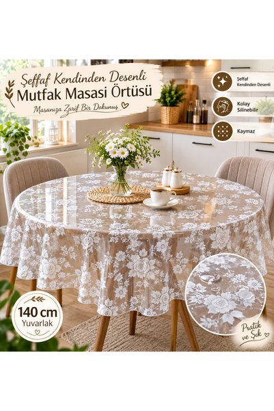 Blue Home Pvc Şeffaf Desenli Silinebilir Muşamba Masa Örtüsü BEYAZ Çiçekli-128