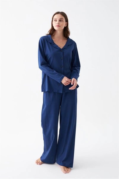 Mariposa Secret Women's Navy Buttoned Collar Detail Cotton Pajama Set