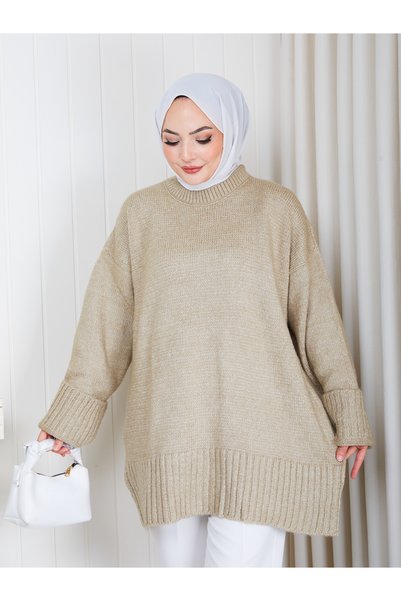 EFSUN MODA Women's Circular Neck Oversize Knitwear Tunic Sweater Tesettür