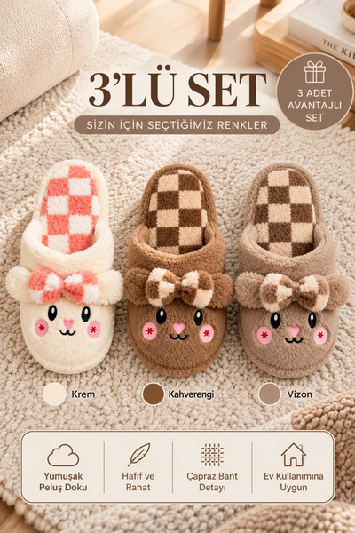 Beyond Kadın 3’lü Krem Vizon Kahve Utangaç Tavşan Detaylı Peluş Kürklü 3 Cm T...