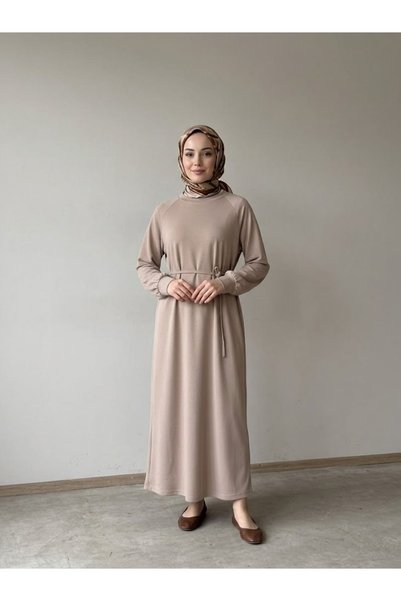 Lunsera Store فستان بيكيه بأكمام راجلان - بيج