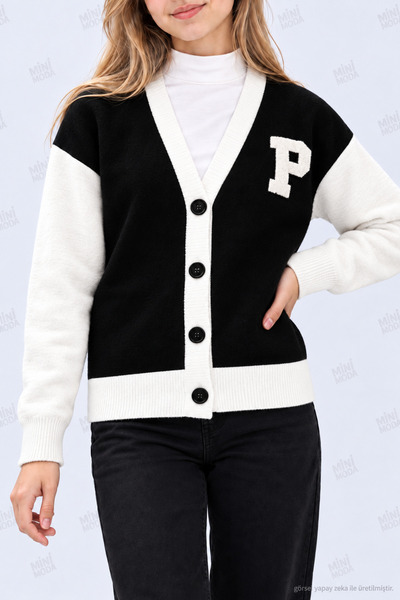 Minimoda Kids Girl's Embroidered P-Logo V-Neck Buttoned Knitwear Cardigan