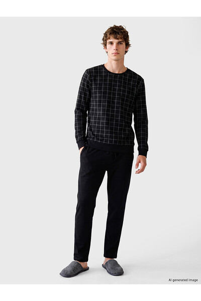 LC Waikiki Nevavm Black Combed Cotton Printed Men's Pajama Set with Difference