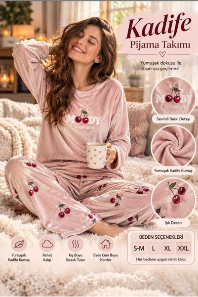 Mihra Kadın Pijama Takımı-Kadife Pijama Takımı-Pudra Pembe Pijama Takımı-