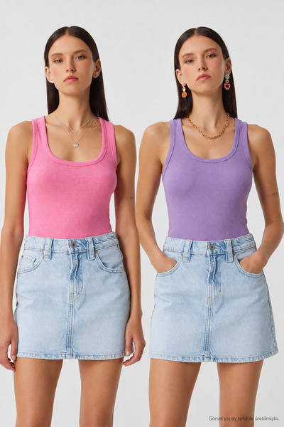 Lovelyİstanbul 2-Piece Ribbed Thick Strap Knitted Undershirt Lhj0002 Lila Pink