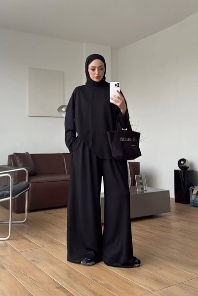 Neşeli Butik Women's Black Hijab Oversized Tunic and Wide-Leg Pants Two-Piece Set Nms106