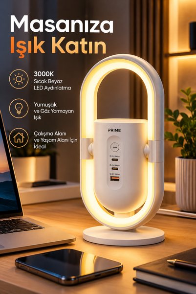 Merwish 1050J Akım Korumalı 2'li Priz, 2 USB-C PD 20W, USB-A QC 18W Hızlı Şarj, LED Gece Lambası, 1,9 Metre Kablo, 3680W