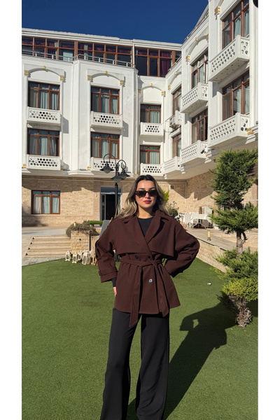 BELİS WEAR Γυναικείο κοντό παλτό από κασμίρι, διπλό κουμπωτό, με ζώνη στη μέσ...