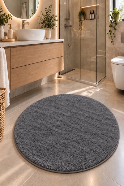 Raschel Carpet Koyu Gri Peluş Yıkanabilir Yumuşak Kaymaz Taban Su Emer Yuvarl...