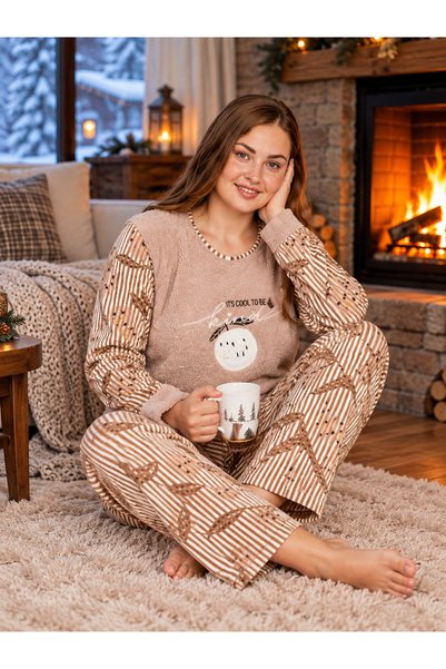 PİJAMOOD Kadın Bej Desenli BATTAL BEDEN Uzun Kollu Pijama Takımı