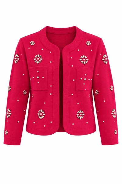yb yağmur butik Stone Detailed Front Agrafla Knitwear Jacket