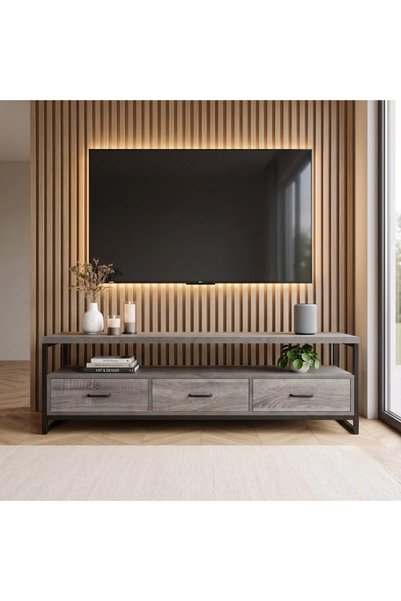Generic طاولة تلفاز خشبية من معدن بتصميم فاخر ــ رمادي أسود ــ 140×40×42سم