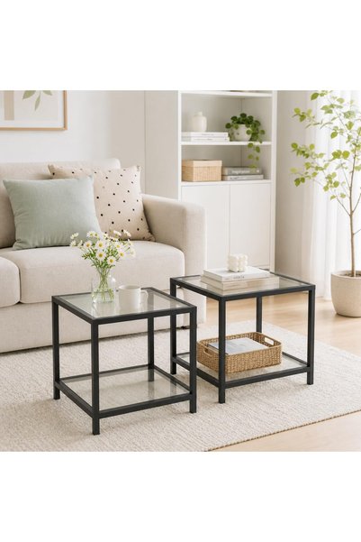 Generic 2 Pack End Tables, Modern Tempered Glass Side Tables With 2 Tiers Sto...