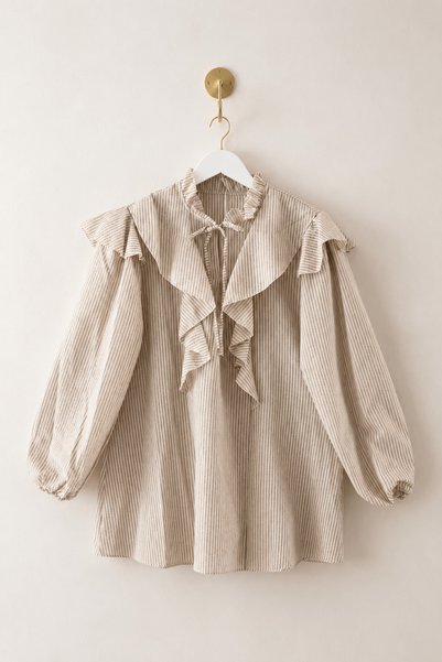 Hepsi Moda Striped Ruffled Front Tunic - Nfc - 5412 - Beige