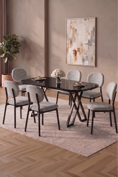 asaella mobilya Hooli 90x168 SİYAH MERMER DESEN Mdf Masa, Metal X Ayak, Metal...