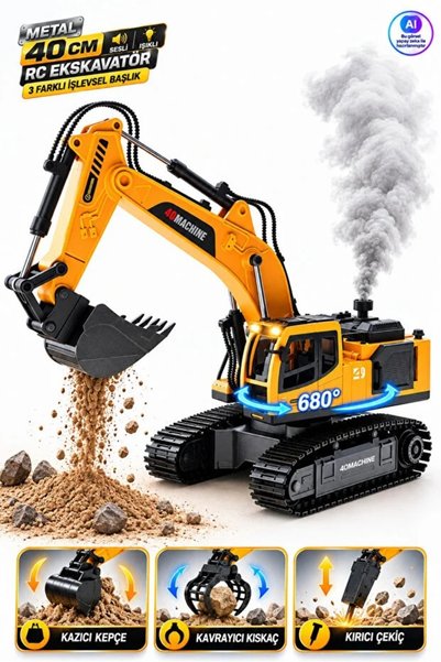 YILDIRIM OYUNCAK Uzaktan Kumandalı 3 Başlıklı Metal Ekskavatör 40cm – Kazıcı, Kavrayıcı, Kırıcı Başlıklı 680° Döner, Sesli Işıklı, Buhar Efektli, RC İş Makinesi