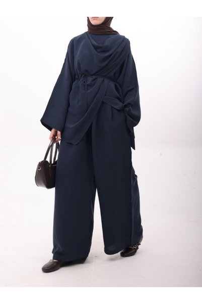 Hepsi Moda Shawl Detailed Skirt and Trouser Set - Navy Blue
