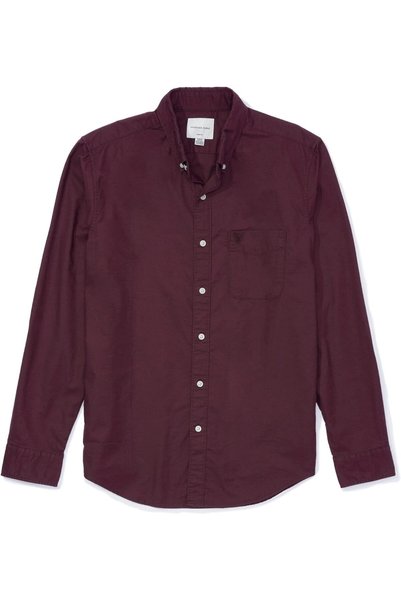 Generic Men Slim Fit Stretch Oxford Button-Up Shirt XXL Burgundy