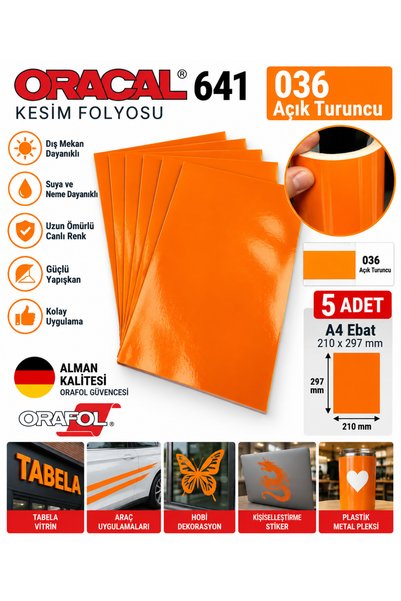 Oracal 651 Oracal 641 Kesim Folyosu A4 Ebat (5 Adet) - 036 Açık Turuncu Parla...