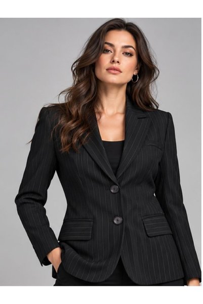 Herry Kadın %95 Yün İnce Çizgili Klasik Blazer Ceket - İki Düğmeli Kuplu Prem...