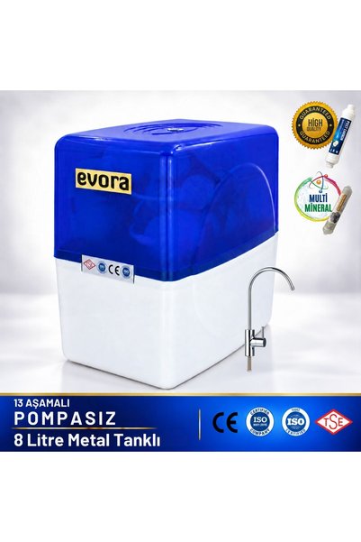 Evora 13 Aşamalı Mineralli 8 Litre Çelik Tanklı Şeffaf Mavi Pompasız Kapalı K...