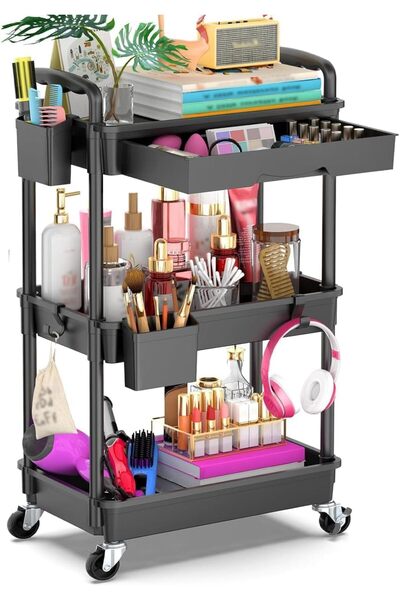 Generic 3-Tier Mobile Storage Trolley with Detachable Drawer, Black – Heavy-D...