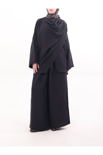 Hepsi Moda Shawl Detailed Skirt and Trouser Set - Black