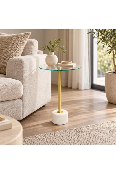 PLUS 49 Modern Clear Glass Top Marble Base Gold Stand Service Table Side Table