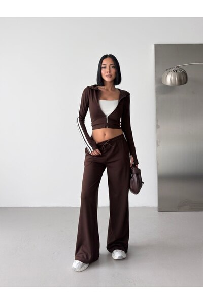 ELBEY Stripe Detailed Hooded Double Suit with Finger-Hole Design and Wide Legs