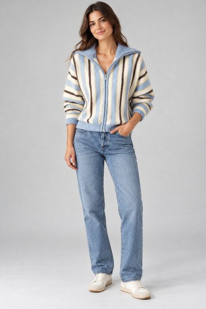Lupies Women's Turtleneck Striped Double Zipper Wool Knitwear Cardigan