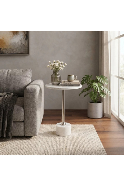 Generic Modern Design Stainless Steel and Marble Single Service Table - White and Silver - 35X35X57 cm