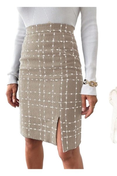 StreetWear Outlet Fustă de damă, Tweed, Tiv cu șliț, Talie înaltă, Bej, M