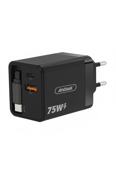 Andowl Φορτιστής πρίζας με θύρα USB και Type-C 75W Q-CD09 σε μαύρο χρώμα